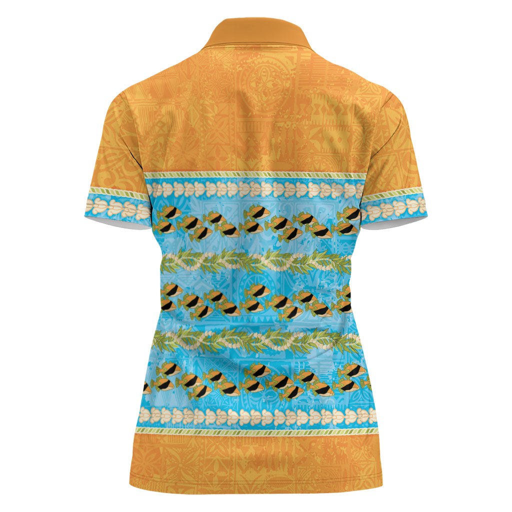 Hawaii Humuhumu Fish Maile Pikake Lei Women Polo Shirt Tribal Tapa Orange Version LT05 - Polynesian Pride