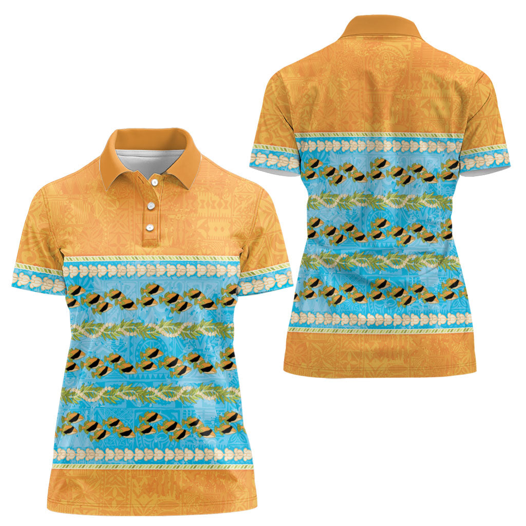 Hawaii Humuhumu Fish Maile Pikake Lei Women Polo Shirt Tribal Tapa Orange Version LT05 - Polynesian Pride