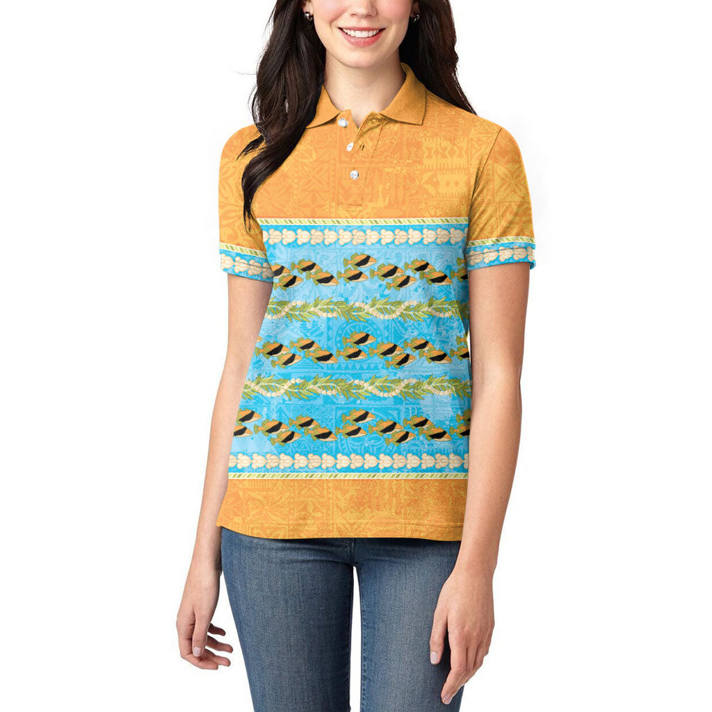 Hawaii Humuhumu Fish Maile Pikake Lei Women Polo Shirt Tribal Tapa Orange Version LT05 - Polynesian Pride