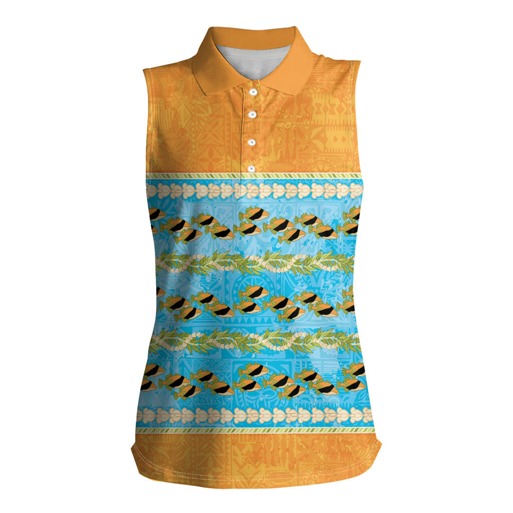 Hawaii Humuhumu Fish Maile Pikake Lei Women Sleeveless Polo Shirt Tribal Tapa Orange Version LT05 Female Orange - Polynesian Pride