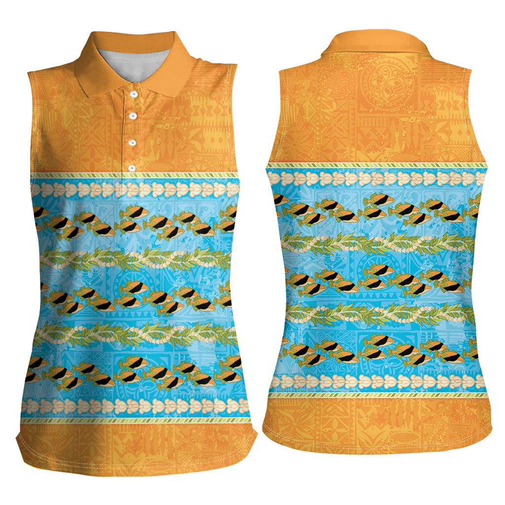 Hawaii Humuhumu Fish Maile Pikake Lei Women Sleeveless Polo Shirt Tribal Tapa Orange Version LT05 - Polynesian Pride