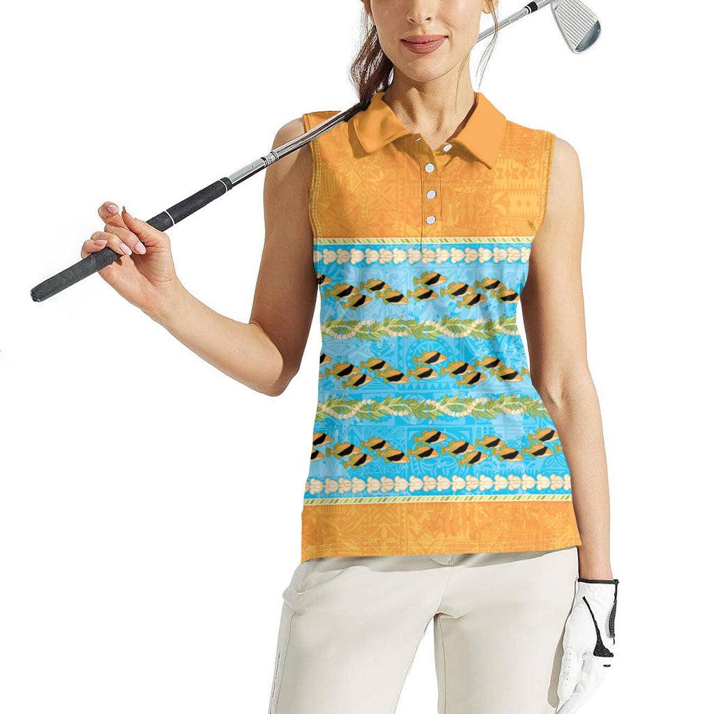 Hawaii Humuhumu Fish Maile Pikake Lei Women Sleeveless Polo Shirt Tribal Tapa Orange Version LT05 - Polynesian Pride