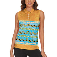 Hawaii Humuhumu Fish Maile Pikake Lei Women Sleeveless Polo Shirt Tribal Tapa Orange Version LT05 - Polynesian Pride