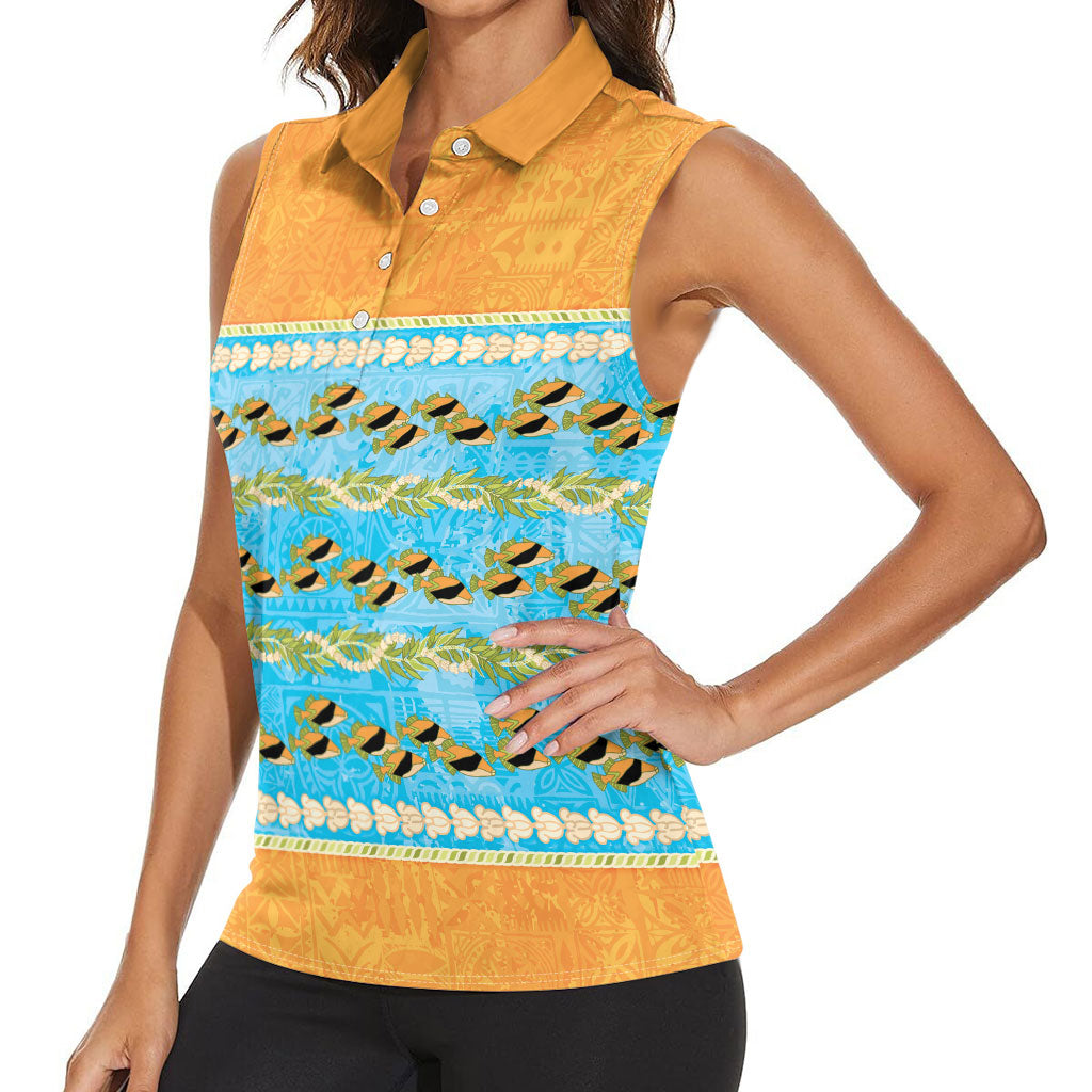 Hawaii Humuhumu Fish Maile Pikake Lei Women Sleeveless Polo Shirt Tribal Tapa Orange Version LT05 - Polynesian Pride