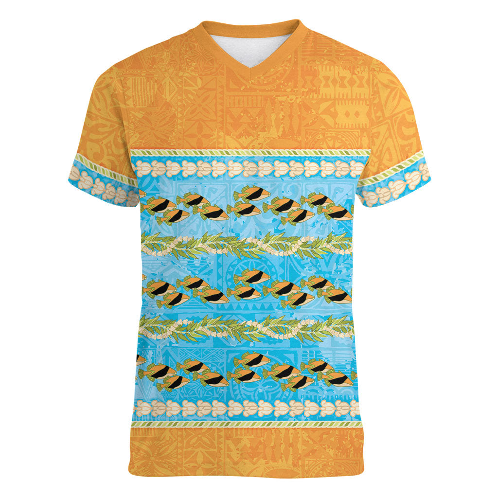 Hawaii Humuhumu Fish Maile Pikake Lei Women V-Neck T-Shirt Tribal Tapa Orange Version LT05 Female Orange - Polynesian Pride