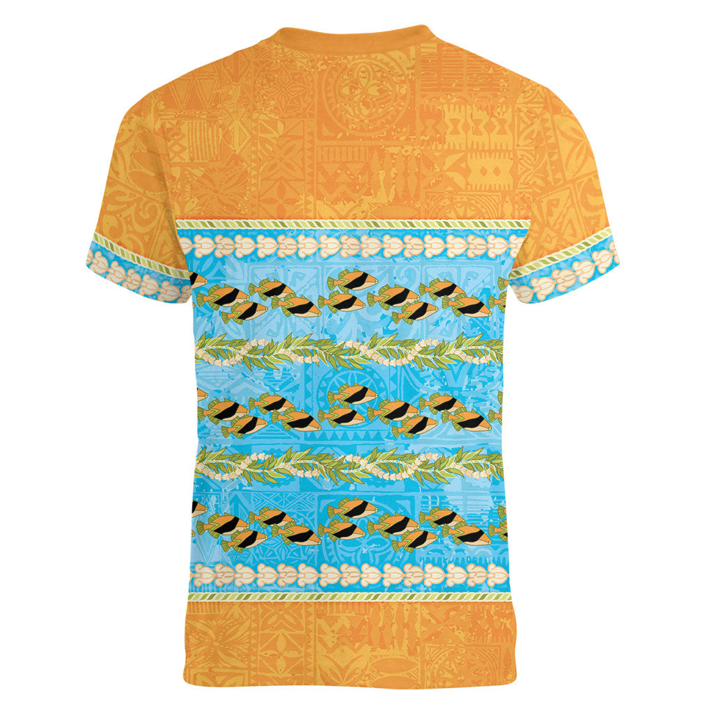 Hawaii Humuhumu Fish Maile Pikake Lei Women V-Neck T-Shirt Tribal Tapa Orange Version LT05 - Polynesian Pride