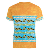 Hawaii Humuhumu Fish Maile Pikake Lei Women V-Neck T-Shirt Tribal Tapa Orange Version LT05 - Polynesian Pride