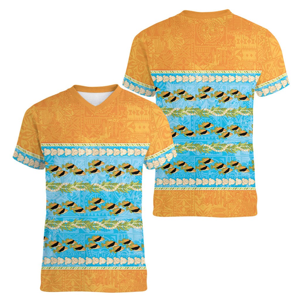 Hawaii Humuhumu Fish Maile Pikake Lei Women V-Neck T-Shirt Tribal Tapa Orange Version LT05 - Polynesian Pride