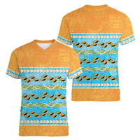 Hawaii Humuhumu Fish Maile Pikake Lei Women V-Neck T-Shirt Tribal Tapa Orange Version LT05 - Polynesian Pride