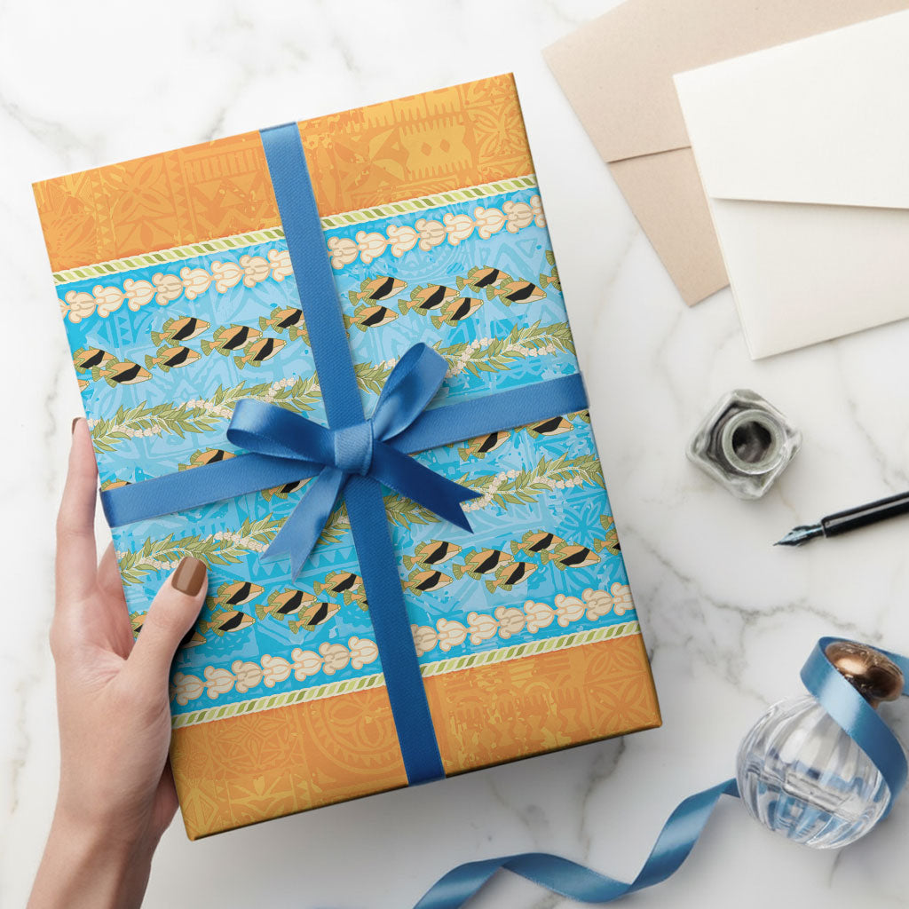 Hawaii Humuhumu Fish Maile Pikake Lei Wrapping Paper Tribal Tapa Orange Version LT05 - Polynesian Pride
