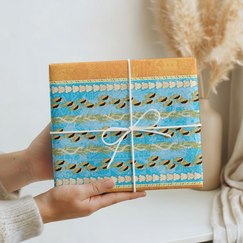 Hawaii Humuhumu Fish Maile Pikake Lei Wrapping Paper Tribal Tapa Orange Version LT05 - Polynesian Pride