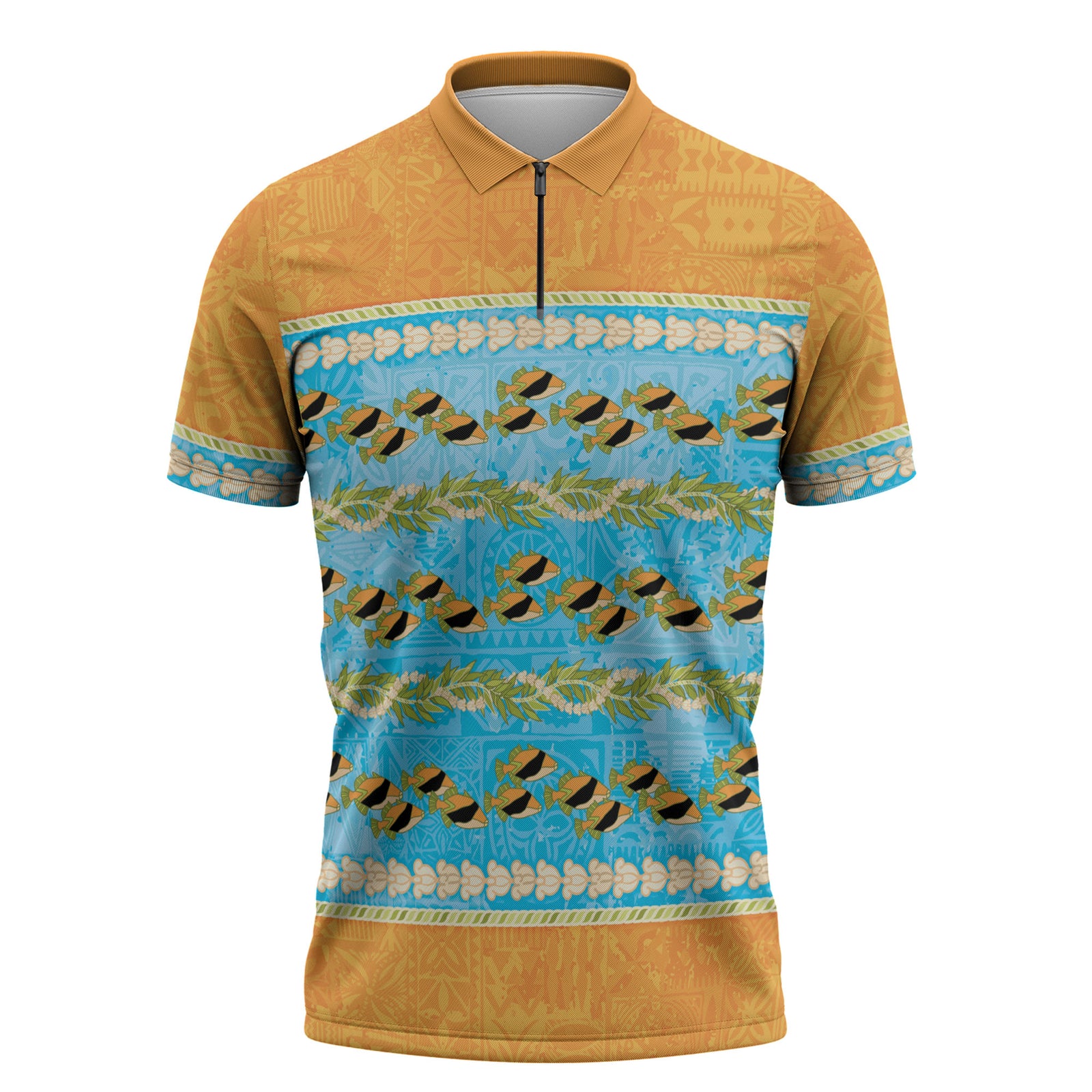 Hawaii Humuhumu Fish Maile Pikake Lei Zipper Polo Shirt Tribal Tapa Orange Version LT05 Orange - Polynesian Pride