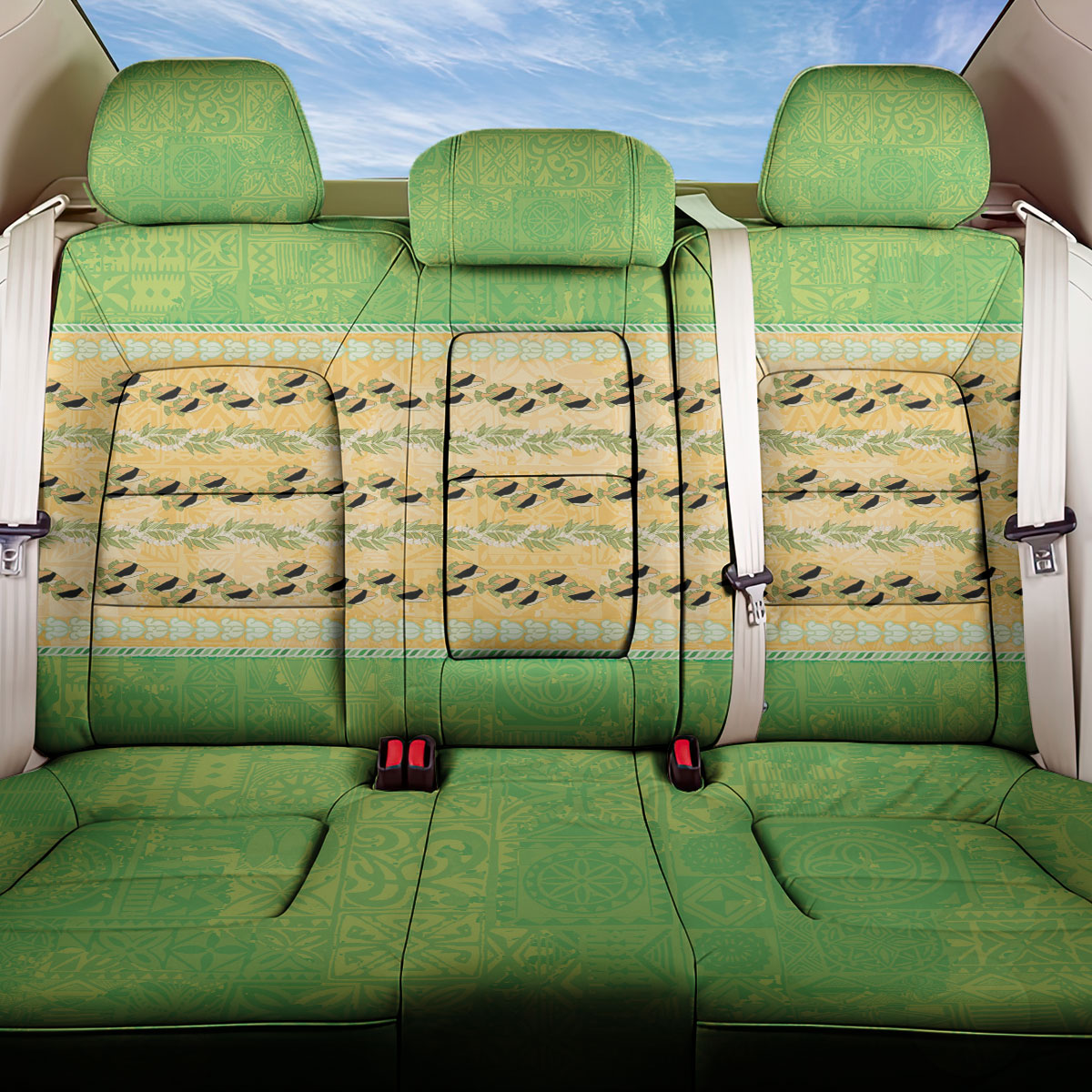 Hawaii Humuhumu Fish Maile Pikake Lei Back Car Seat Cover Tribal Tapa Green Version LT05 One Size Green - Polynesian Pride