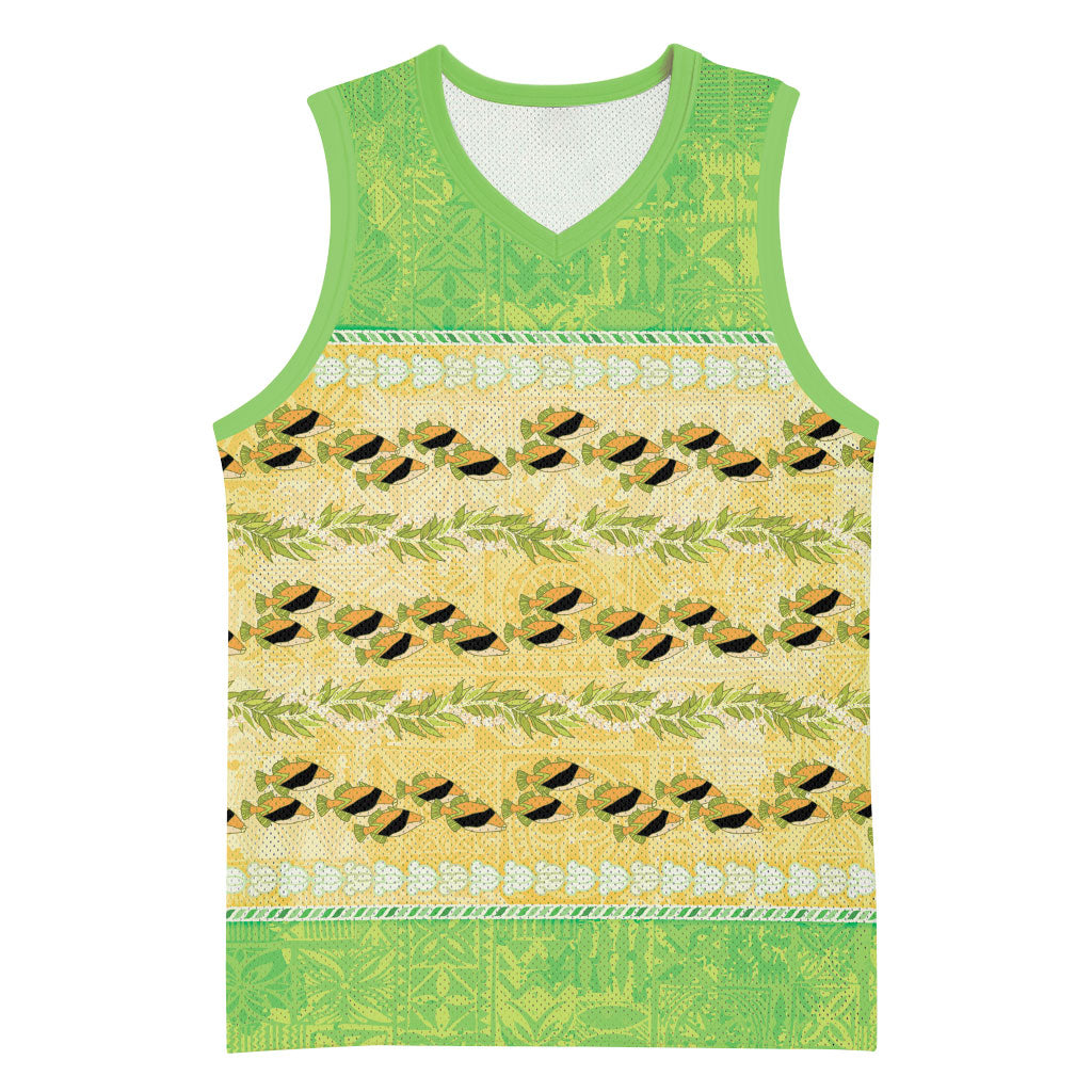 Hawaii Humuhumu Fish Maile Pikake Lei Basketball Jersey Tribal Tapa Green Version LT05 Unisex Green - Polynesian Pride