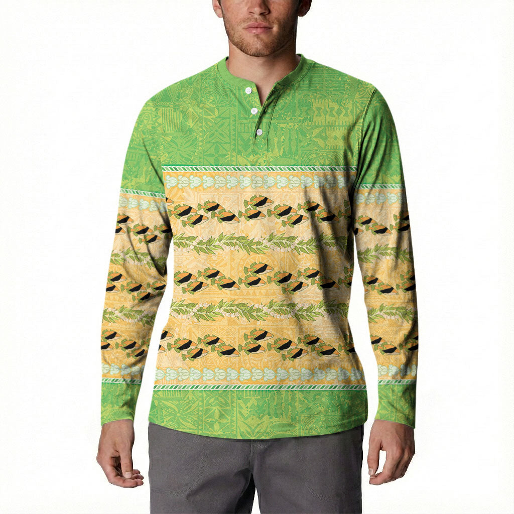 Hawaii Humuhumu Fish Maile Pikake Lei Button Sweatshirt Tribal Tapa Green Version LT05 - Polynesian Pride