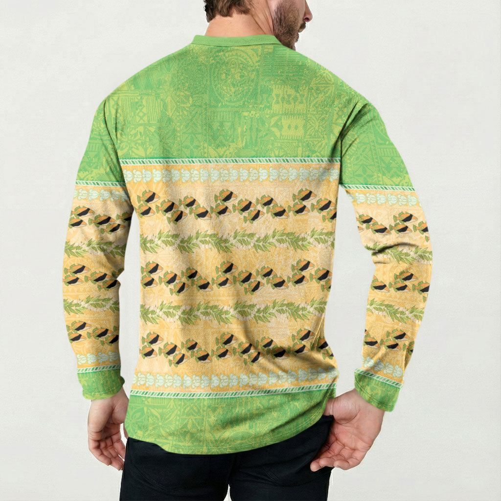 Hawaii Humuhumu Fish Maile Pikake Lei Button Sweatshirt Tribal Tapa Green Version LT05 - Polynesian Pride