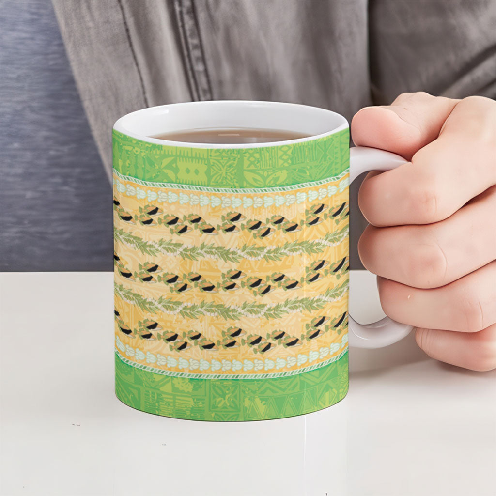 Hawaii Humuhumu Fish Maile Pikake Lei Ceramic Mug Tribal Tapa Green Version LT05 - Polynesian Pride