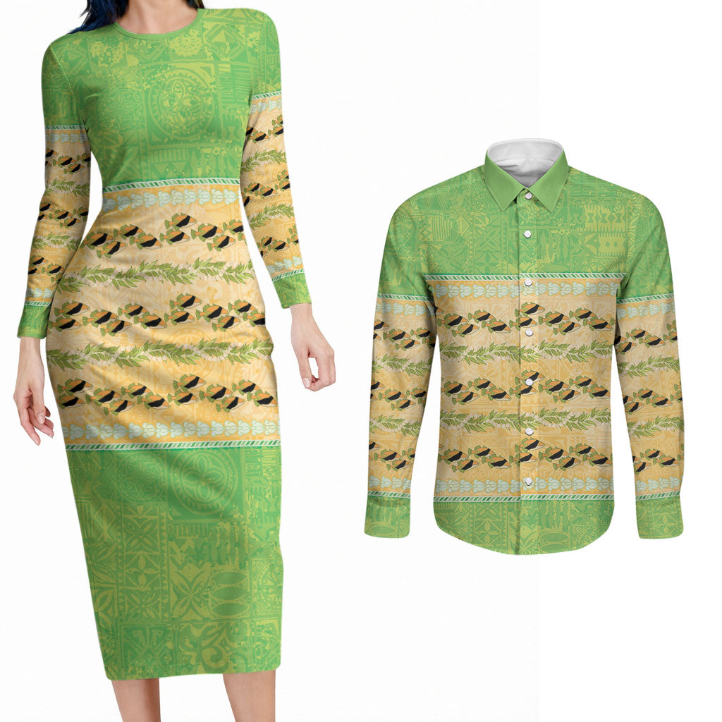 Hawaii Humuhumu Fish Maile Pikake Lei Couples Matching Long Sleeve Bodycon Dress and Long Sleeve Button Shirt Tribal Tapa Green Version LT05 Green - Polynesian Pride