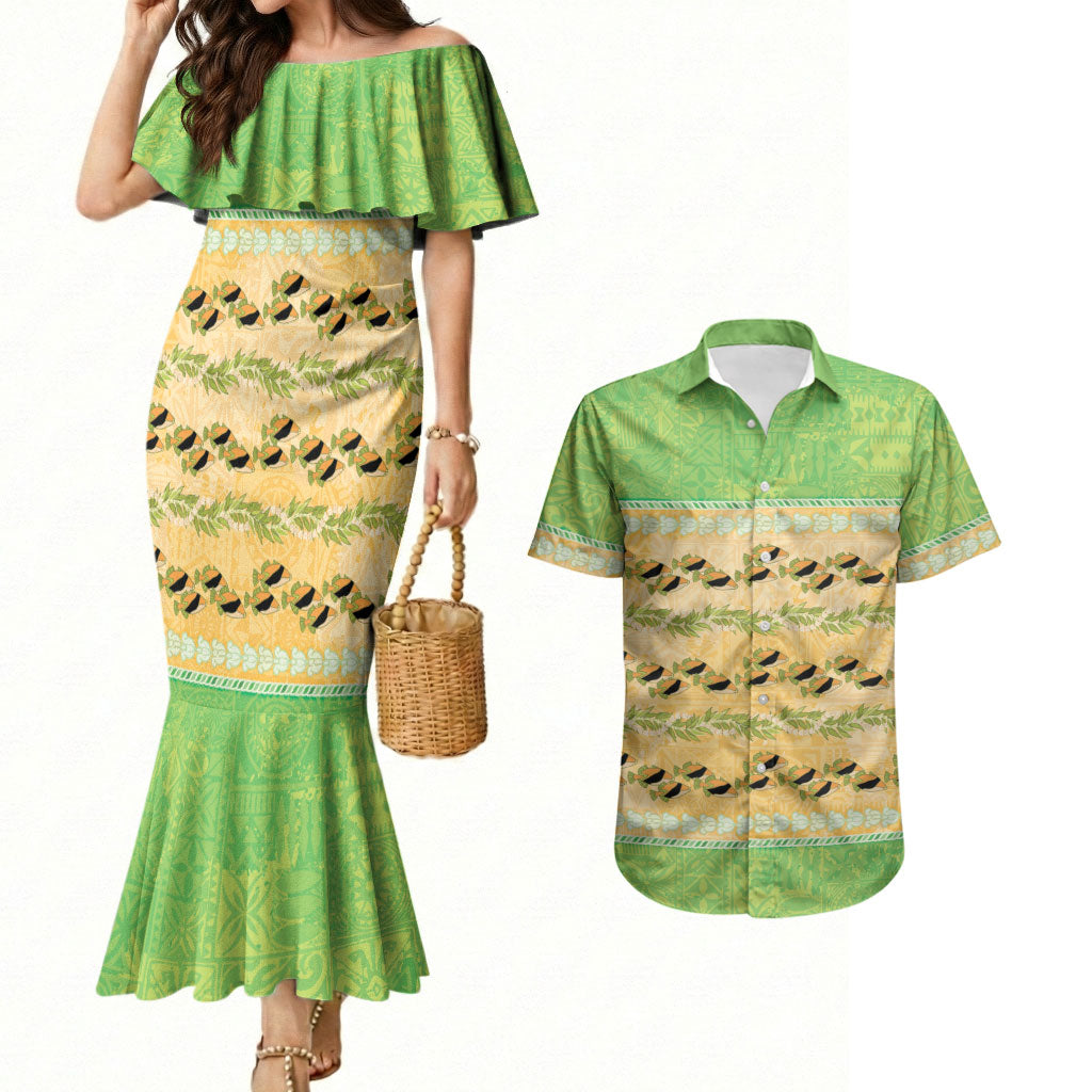 Hawaii Humuhumu Fish Maile Pikake Lei Couples Matching Mermaid Dress and Hawaiian Shirt Tribal Tapa Green Version LT05 Green - Polynesian Pride