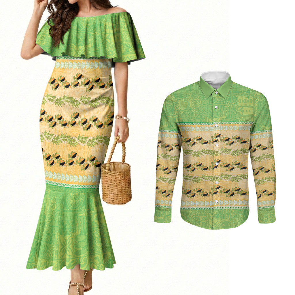 Hawaii Humuhumu Fish Maile Pikake Lei Couples Matching Mermaid Dress and Long Sleeve Button Shirt Tribal Tapa Green Version LT05 Green - Polynesian Pride