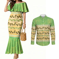 Hawaii Humuhumu Fish Maile Pikake Lei Couples Matching Mermaid Dress and Long Sleeve Button Shirt Tribal Tapa Green Version LT05 Green - Polynesian Pride