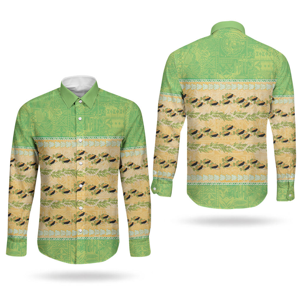 Hawaii Humuhumu Fish Maile Pikake Lei Couples Matching Mermaid Dress and Long Sleeve Button Shirt Tribal Tapa Green Version LT05 - Polynesian Pride