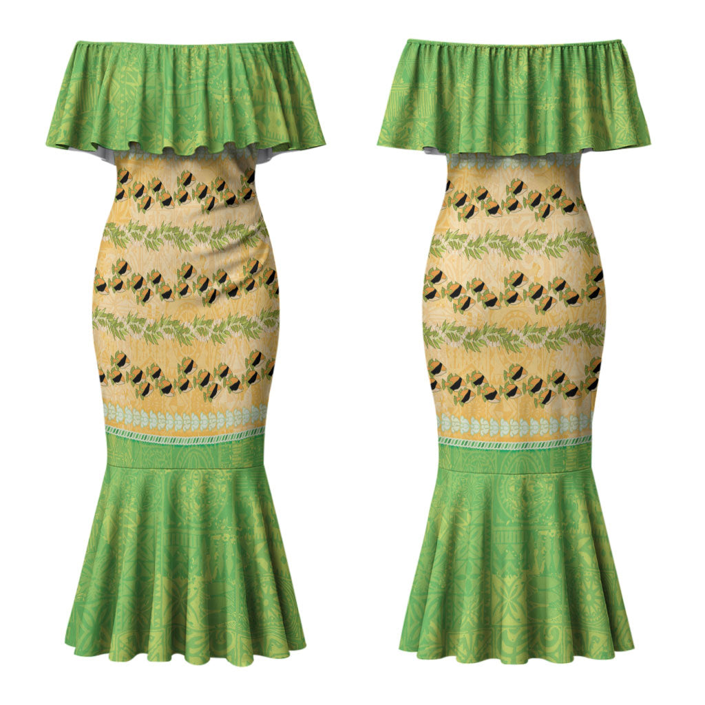 Hawaii Humuhumu Fish Maile Pikake Lei Couples Matching Mermaid Dress and Long Sleeve Button Shirt Tribal Tapa Green Version LT05 - Polynesian Pride