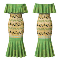 Hawaii Humuhumu Fish Maile Pikake Lei Couples Matching Mermaid Dress and Long Sleeve Button Shirt Tribal Tapa Green Version LT05 - Polynesian Pride