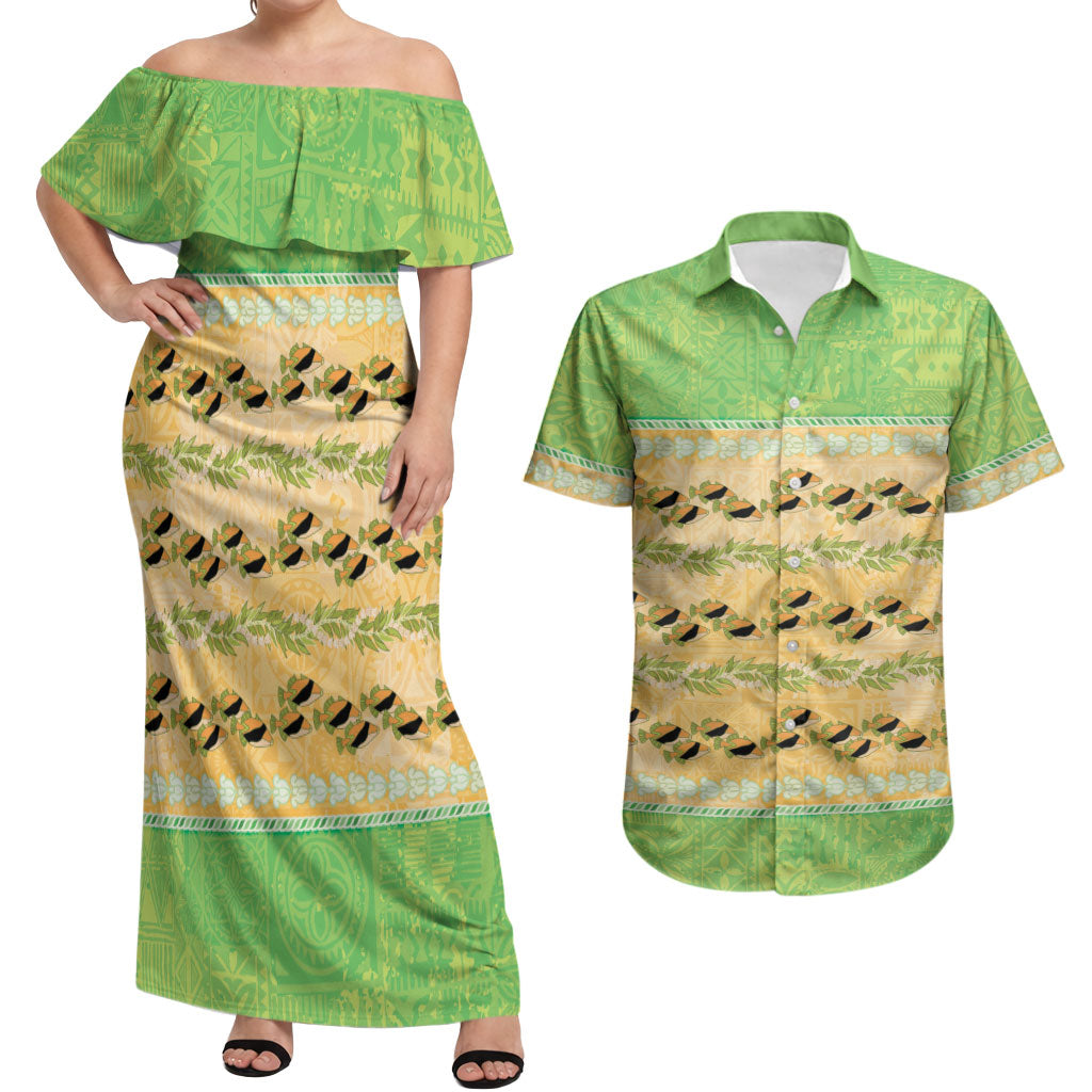 Hawaii Humuhumu Fish Maile Pikake Lei Couples Matching Off Shoulder Maxi Dress and Hawaiian Shirt Tribal Tapa Green Version LT05 Green - Polynesian Pride