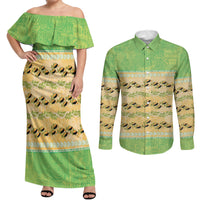 Hawaii Humuhumu Fish Maile Pikake Lei Couples Matching Off Shoulder Maxi Dress and Long Sleeve Button Shirt Tribal Tapa Green Version LT05 Green - Polynesian Pride