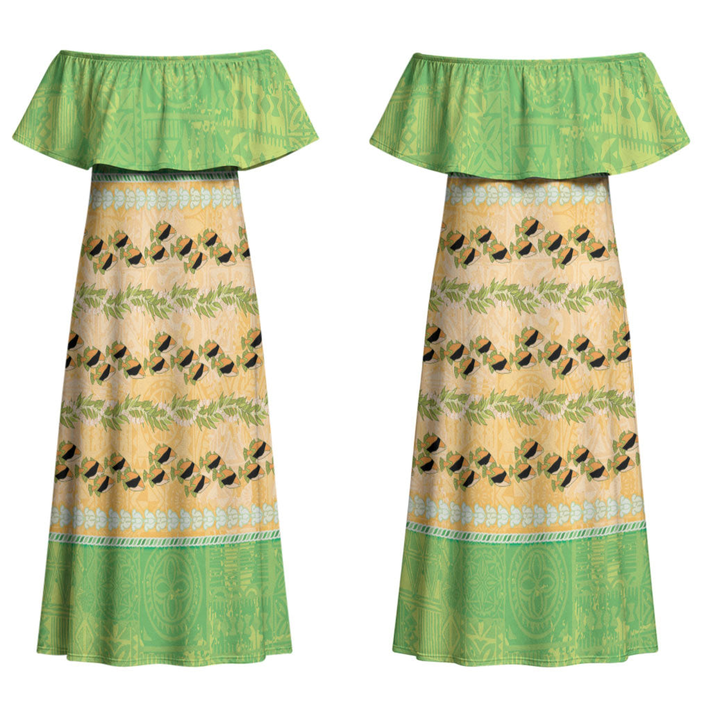 Hawaii Humuhumu Fish Maile Pikake Lei Couples Matching Off Shoulder Maxi Dress and Long Sleeve Button Shirt Tribal Tapa Green Version LT05 - Polynesian Pride