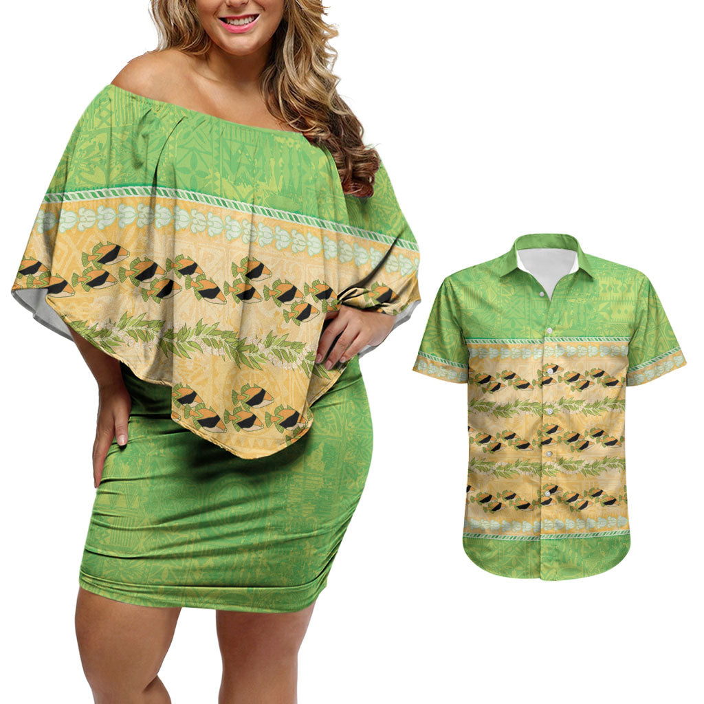 Hawaii Humuhumu Fish Maile Pikake Lei Couples Matching Off Shoulder Short Dress and Hawaiian Shirt Tribal Tapa Green Version LT05 Green - Polynesian Pride