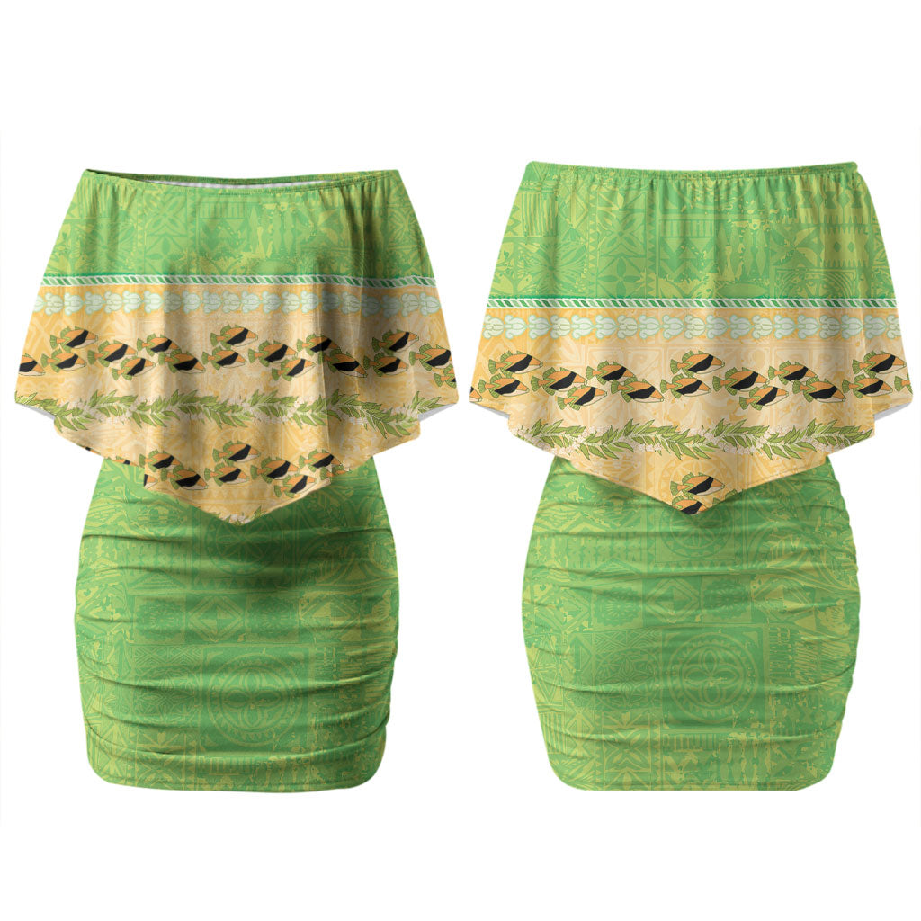 Hawaii Humuhumu Fish Maile Pikake Lei Couples Matching Off Shoulder Short Dress and Long Sleeve Button Shirt Tribal Tapa Green Version LT05 - Polynesian Pride