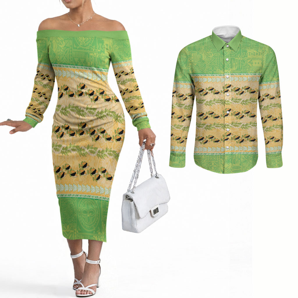 Hawaii Humuhumu Fish Maile Pikake Lei Couples Matching Off The Shoulder Long Sleeve Dress and Long Sleeve Button Shirt Tribal Tapa Green Version LT05 Green - Polynesian Pride