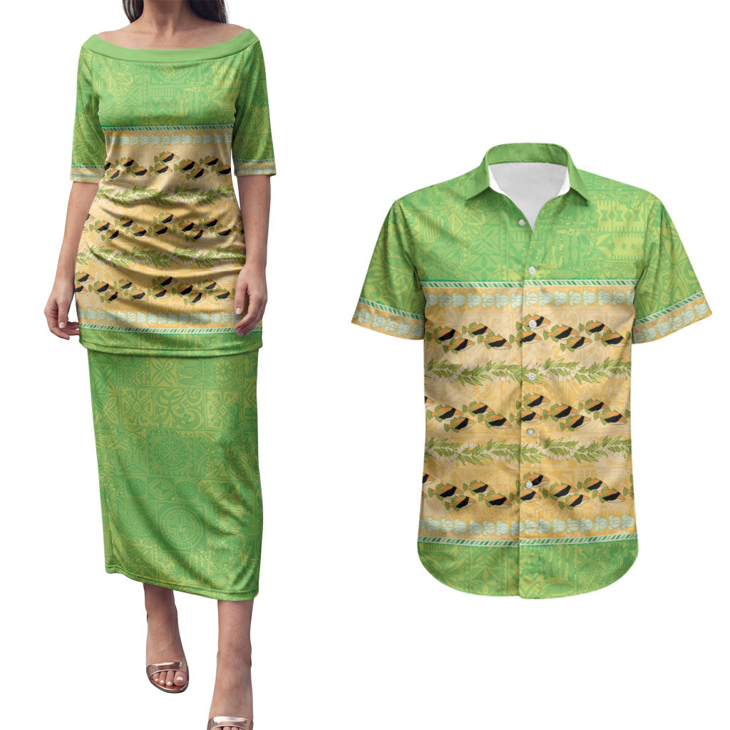 Hawaii Humuhumu Fish Maile Pikake Lei Couples Matching Puletasi and Hawaiian Shirt Tribal Tapa Green Version LT05 Green - Polynesian Pride