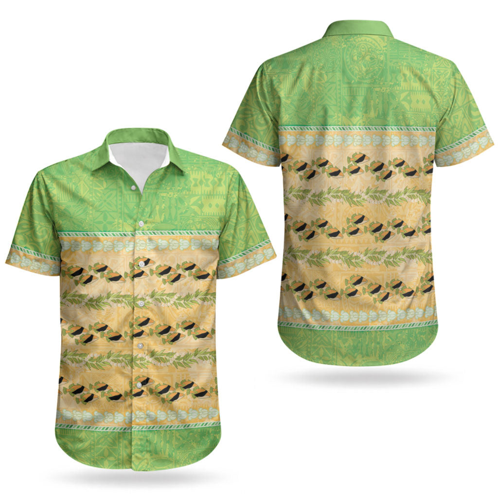 Hawaii Humuhumu Fish Maile Pikake Lei Couples Matching Puletasi and Hawaiian Shirt Tribal Tapa Green Version LT05 - Polynesian Pride