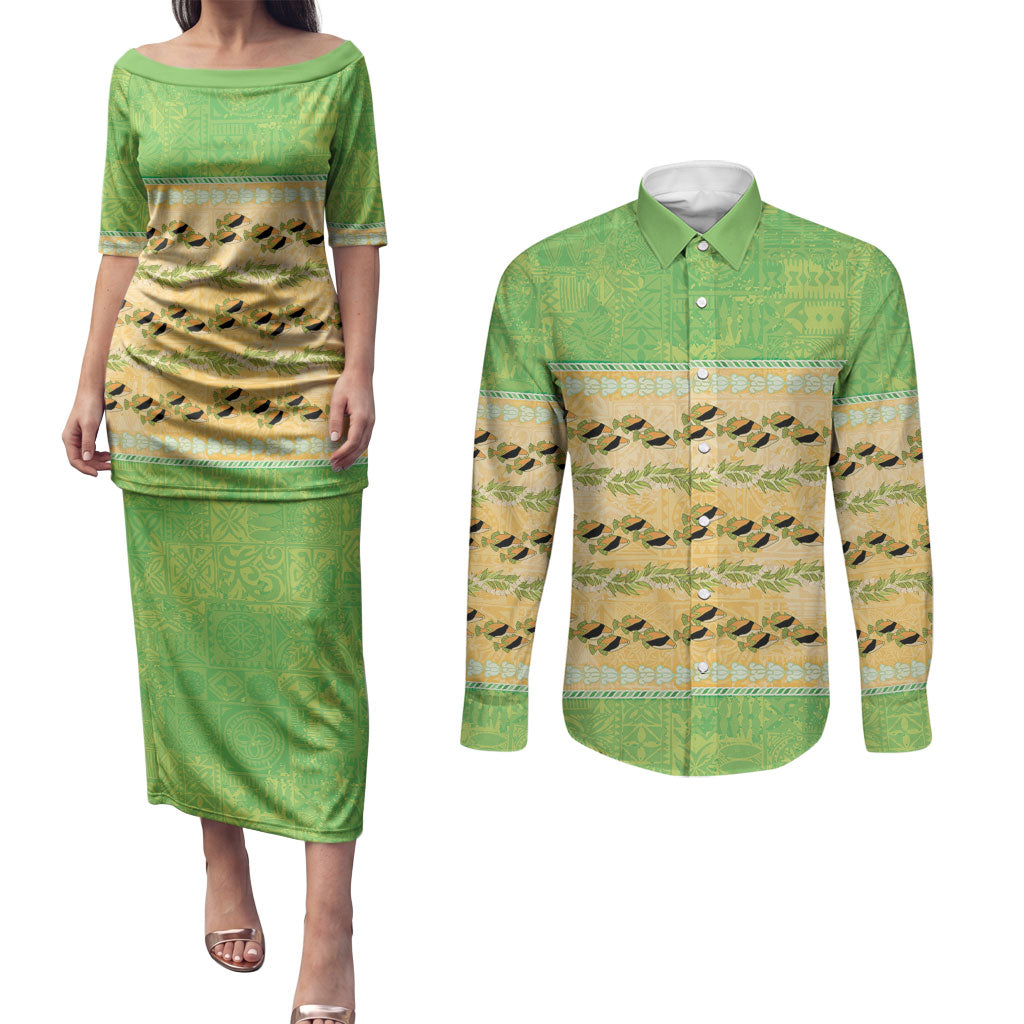 Hawaii Humuhumu Fish Maile Pikake Lei Couples Matching Puletasi and Long Sleeve Button Shirt Tribal Tapa Green Version LT05 Green - Polynesian Pride