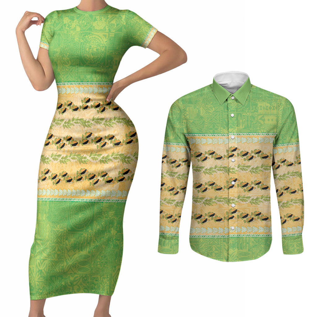 Hawaii Humuhumu Fish Maile Pikake Lei Couples Matching Short Sleeve Bodycon Dress and Long Sleeve Button Shirt Tribal Tapa Green Version LT05 Green - Polynesian Pride
