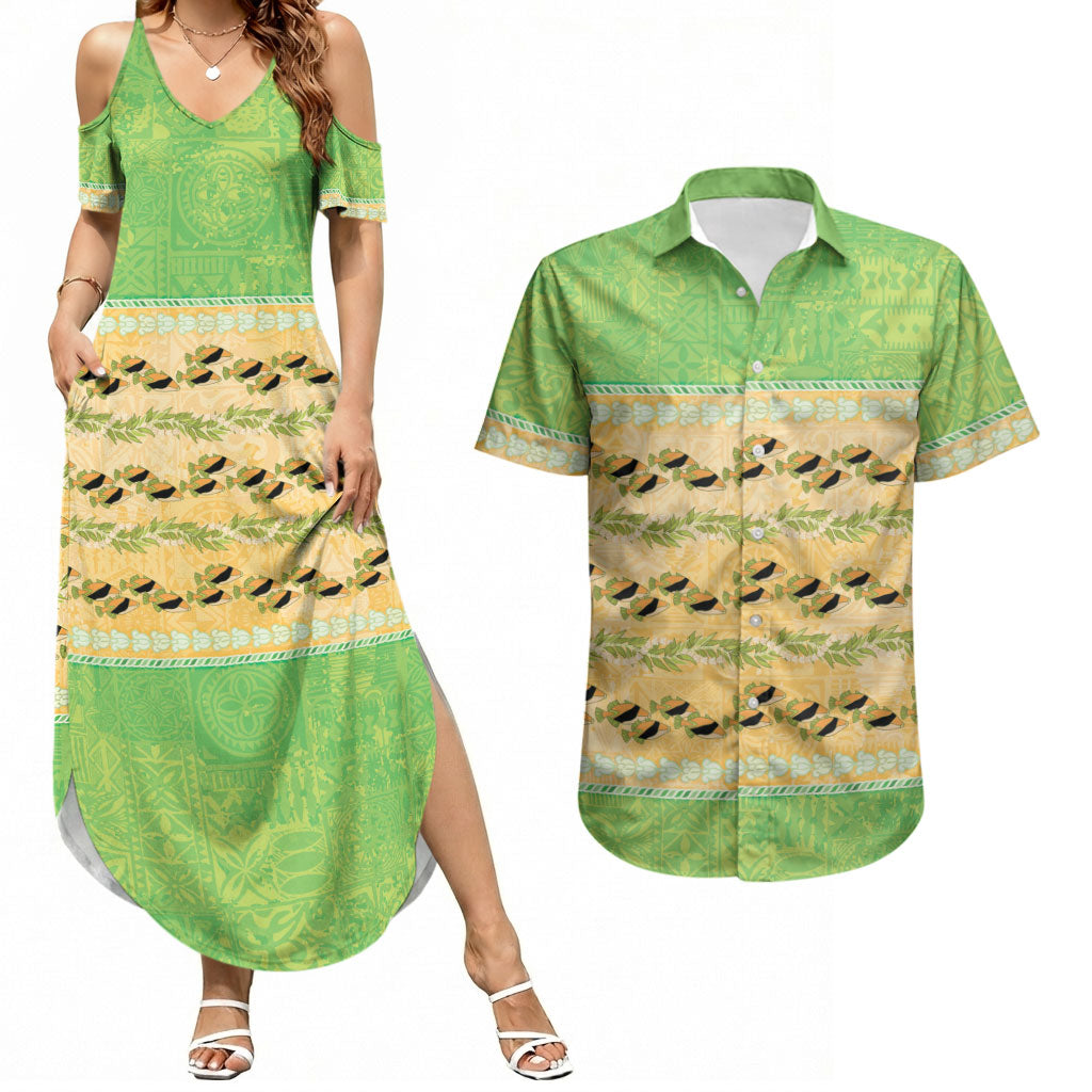 Hawaii Humuhumu Fish Maile Pikake Lei Couples Matching Summer Maxi Dress and Hawaiian Shirt Tribal Tapa Green Version LT05 Green - Polynesian Pride