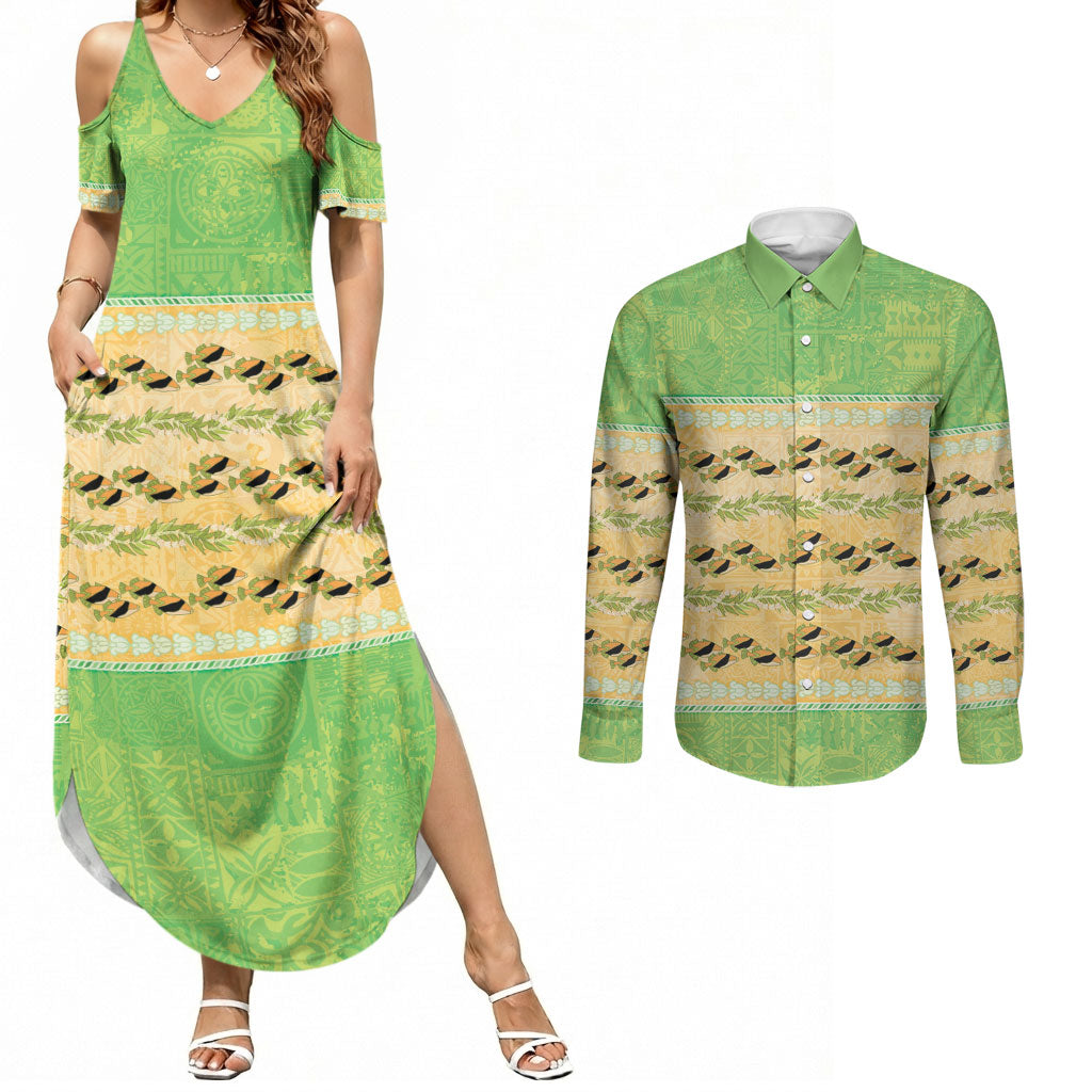 Hawaii Humuhumu Fish Maile Pikake Lei Couples Matching Summer Maxi Dress and Long Sleeve Button Shirt Tribal Tapa Green Version LT05 Green - Polynesian Pride