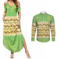 Hawaii Humuhumu Fish Maile Pikake Lei Couples Matching Summer Maxi Dress and Long Sleeve Button Shirt Tribal Tapa Green Version LT05 Green - Polynesian Pride