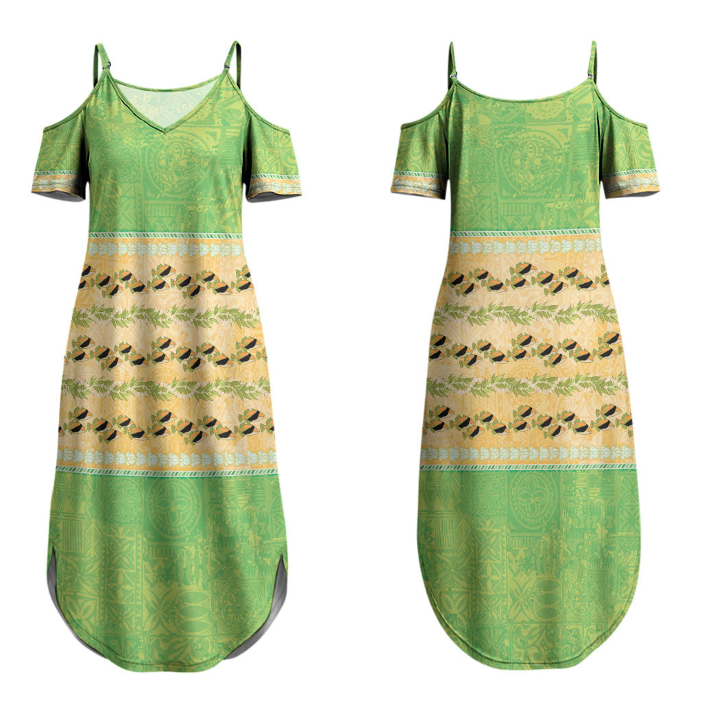 Hawaii Humuhumu Fish Maile Pikake Lei Couples Matching Summer Maxi Dress and Long Sleeve Button Shirt Tribal Tapa Green Version LT05 - Polynesian Pride