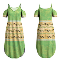 Hawaii Humuhumu Fish Maile Pikake Lei Couples Matching Summer Maxi Dress and Long Sleeve Button Shirt Tribal Tapa Green Version LT05 - Polynesian Pride