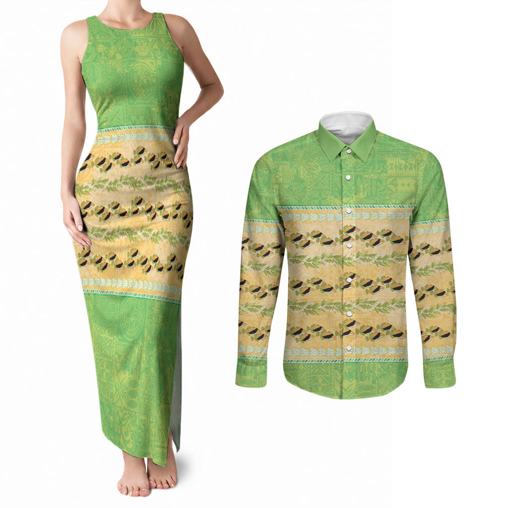 Hawaii Humuhumu Fish Maile Pikake Lei Couples Matching Tank Maxi Dress and Long Sleeve Button Shirt Tribal Tapa Green Version LT05 Green - Polynesian Pride