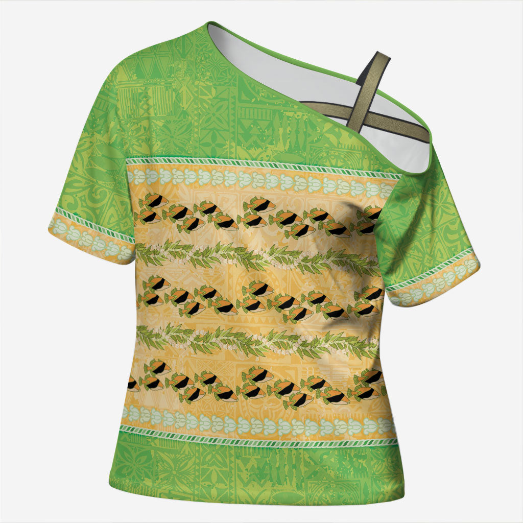 Hawaii Humuhumu Fish Maile Pikake Lei Cross Shoulder Shirt Tribal Tapa Green Version LT05 Female Green - Polynesian Pride