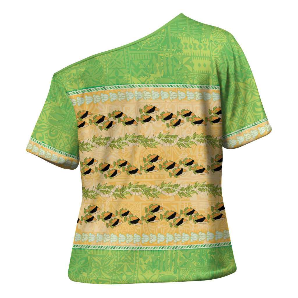 Hawaii Humuhumu Fish Maile Pikake Lei Cross Shoulder Shirt Tribal Tapa Green Version LT05 - Polynesian Pride