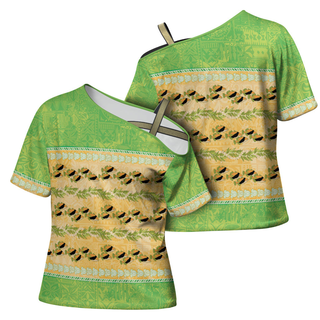 Hawaii Humuhumu Fish Maile Pikake Lei Cross Shoulder Shirt Tribal Tapa Green Version LT05 - Polynesian Pride