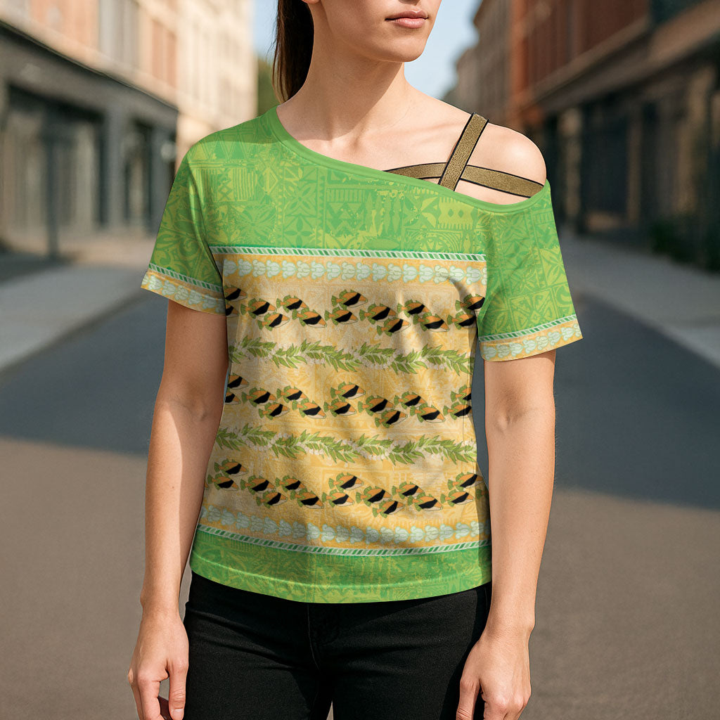 Hawaii Humuhumu Fish Maile Pikake Lei Cross Shoulder Shirt Tribal Tapa Green Version LT05 - Polynesian Pride