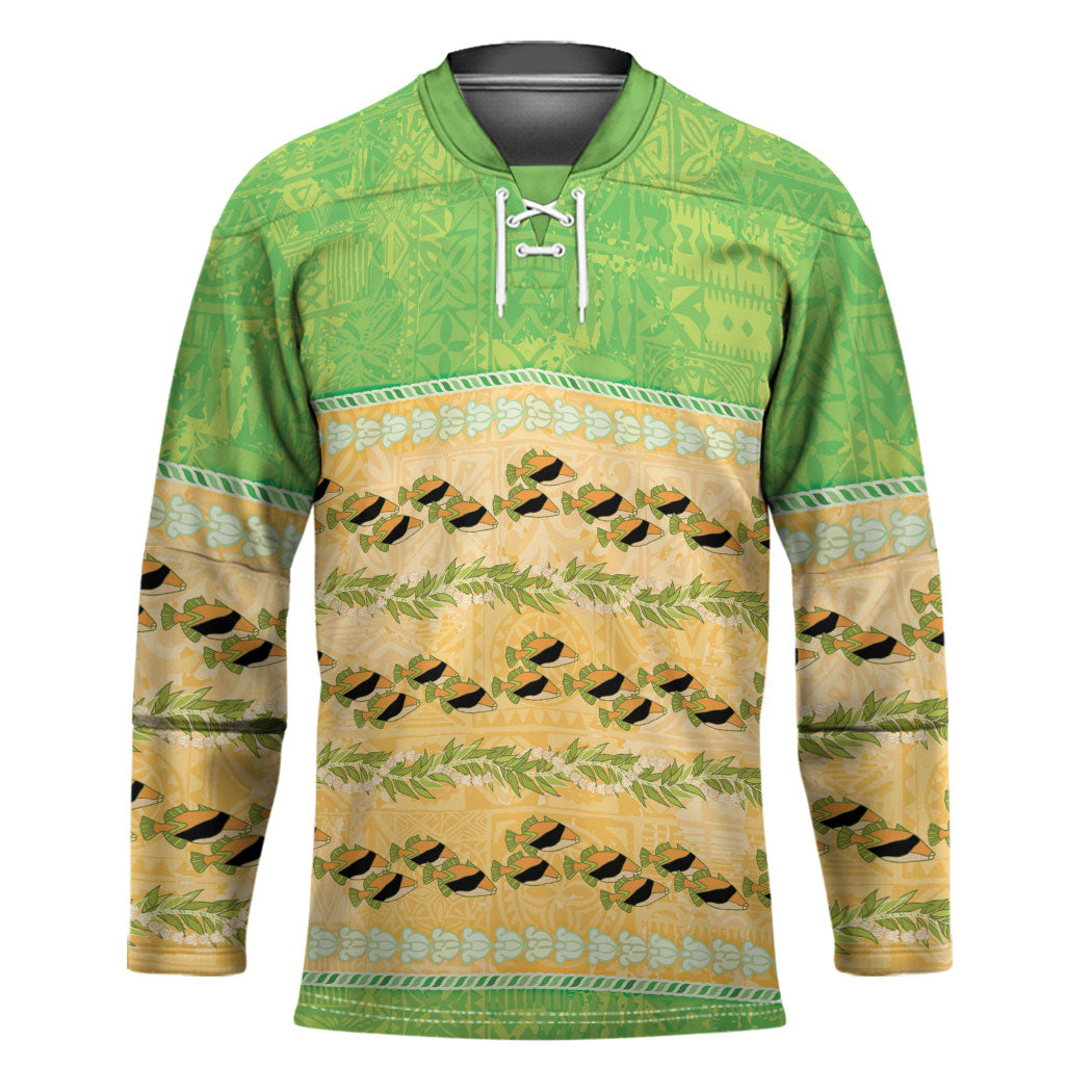 Hawaii Humuhumu Fish Maile Pikake Lei Hockey Jersey Tribal Tapa Green Version LT05 Unisex Green - Polynesian Pride