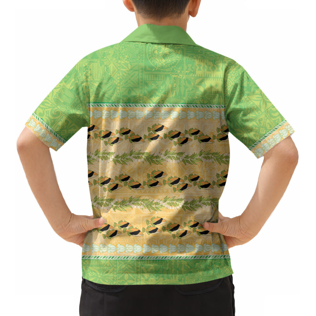 Hawaii Humuhumu Fish Maile Pikake Lei Kid Hawaiian Shirt Tribal Tapa Green Version LT05 - Polynesian Pride